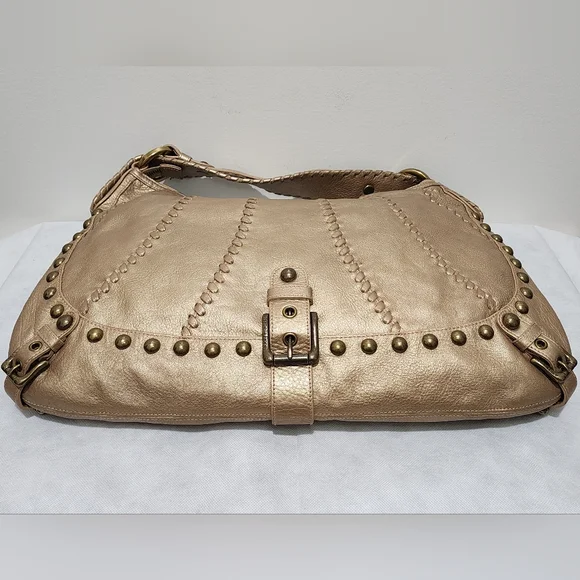 Isabella Fiore Whisplash Audra Studded Gold Leather Hobo Bag